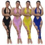 Pink Sexy Party Halter Hollow-Out Jumpsuit