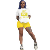 Yellow Casual Letter Print Contrast Two Piece Biker Shorts Set