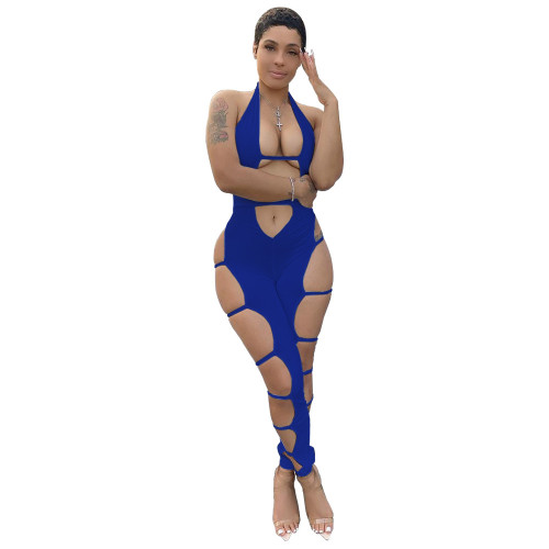 Blue Sexy Party Halter Hollow-Out Jumpsuit