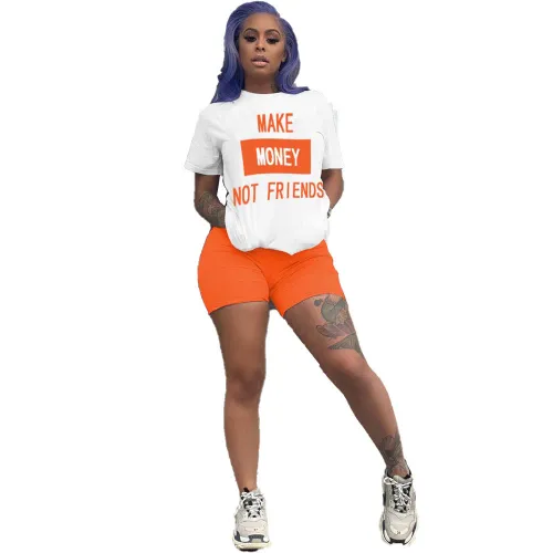 Orange Casual Letter Print Contrast Two Piece Biker Shorts Set