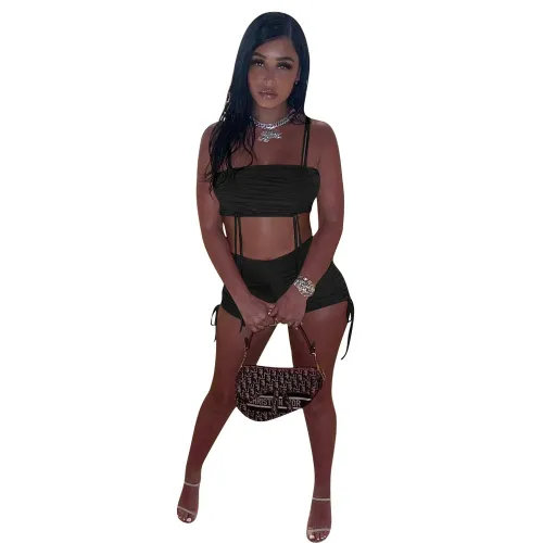 Black Drawstrings Ruched Cami Crop Top and Shorts Two Piece Set