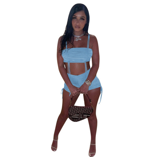 Blue Drawstrings Ruched Cami Crop Top and Shorts Two Piece Set