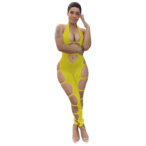 Yellow Sexy Party Halter Hollow-Out Jumpsuit