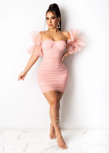 Pink Ruched Ruffle Off Shoulder Bodycon Dress