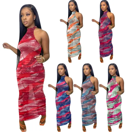 Print Green & Orange Halter Backless Sexy Ruched Mesh Long Pencil Dress