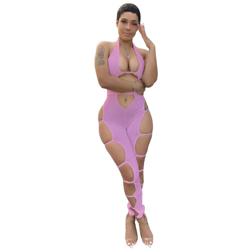 Pink Sexy Party Halter Hollow-Out Jumpsuit