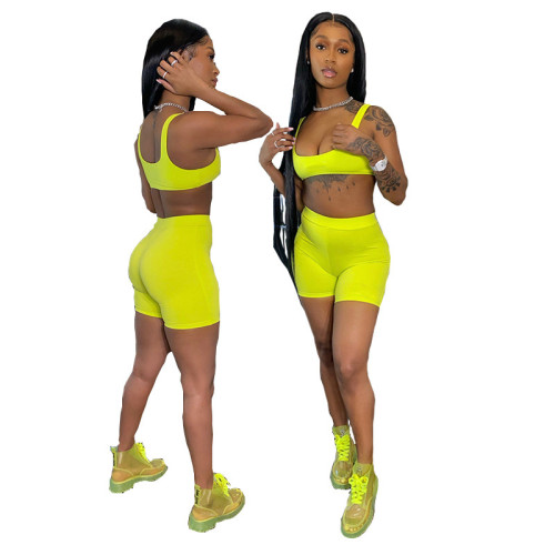 Yellow Solid Tank Crop Top and Biker Shorts Two Piece Set