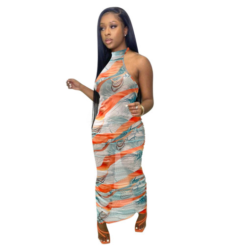 Print Green & Orange Halter Backless Sexy Ruched Mesh Long Pencil Dress