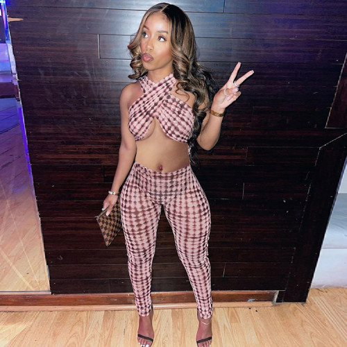 Tie Dye Halter Neck Crop Top and Pants Bodycon 2PCS Set