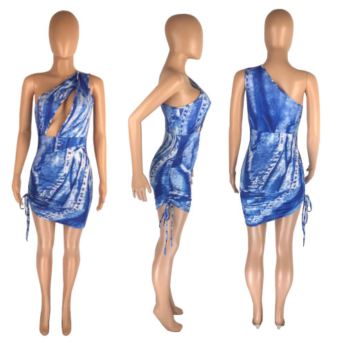 Tie Dye Blue One Shoulder Cut Out Sexy Drawstring Bodycon Dress