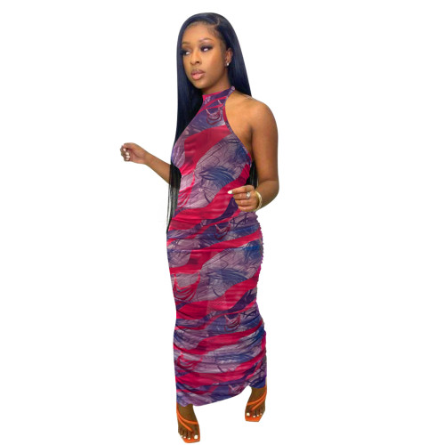 Print Purple Halter Backless Sexy Ruched Mesh Long Pencil Dress