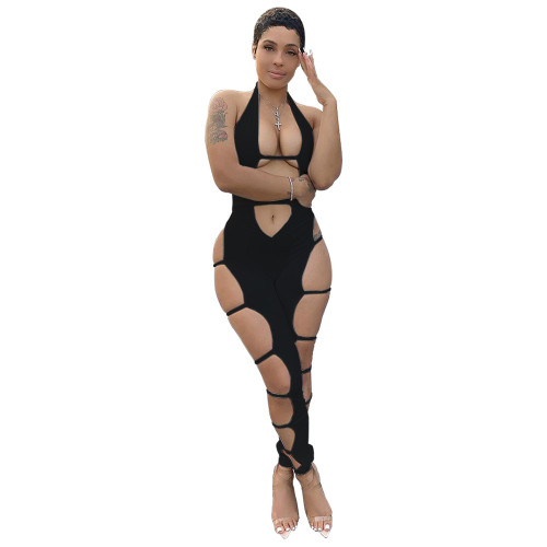 Sexy Party Black Halter Hollow-Out Jumpsuit