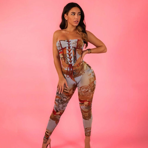 Retro Print Lace-Up Strapless Irregular Top and Tight Pants Set