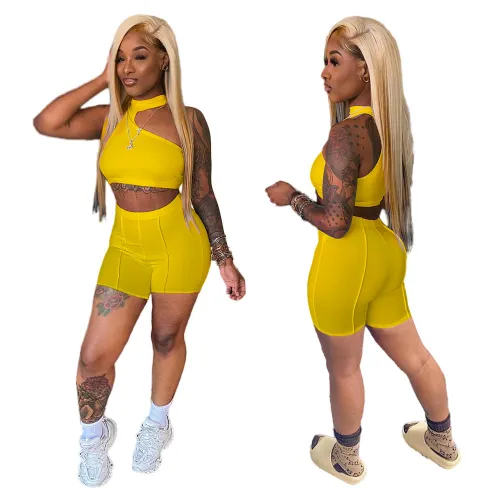 Yellow Irregular Crop Top and Shorts Two Piece Set