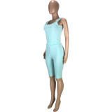 Cyan Solid Fitted Cropped Tank and Shorts Set