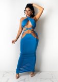 Sexy Multi-Way Halter Crop Top and Hollow Long Skirt Two Piece Set
