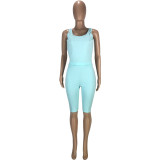 Cyan Solid Fitted Cropped Tank and Shorts Set