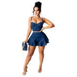 Black Cami Top & Ruffle Shorts Denim Two Piece Set