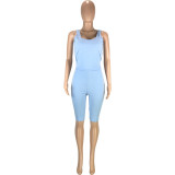 Light Blue Solid Fitted Cropped Tank and Shorts Set