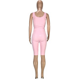 Pink Solid Fitted Cropped Tank and Shorts Set
