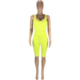Yellow Solid Fitted Cropped Tank and Shorts Set
