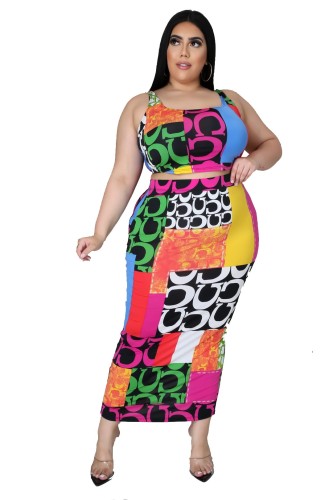 Plus Size Colorful Print Cropped Tank and High Waist Long Skirt Set