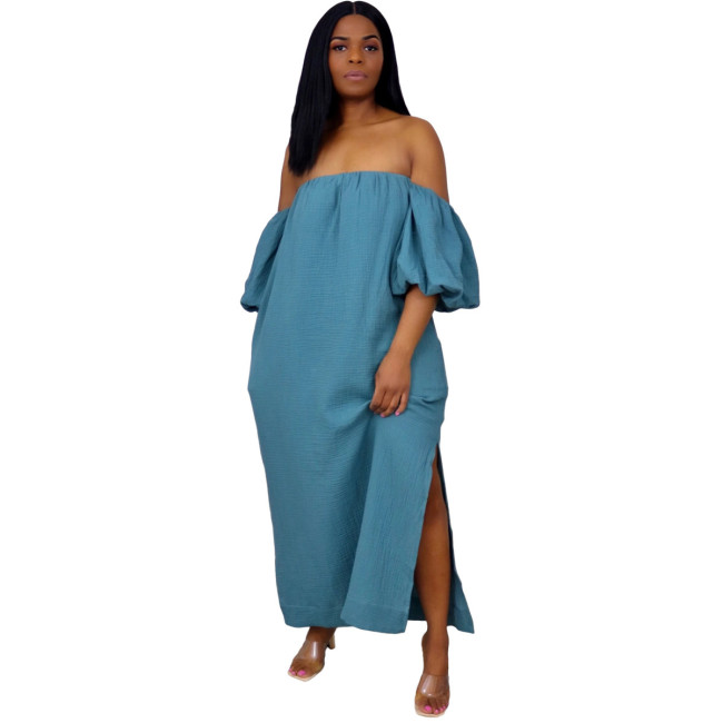 Solid Off Shoulder Puff Sleeve Casual  Long Dress