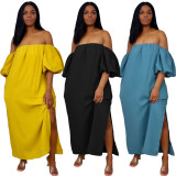 Yellow Off Shoulder Puff Sleeve Casual  Long Dress