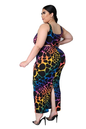 Plus Size Leopard Print Cropped Tank and High Waist Long Skirt Set