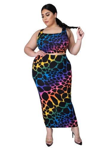 Plus Size Leopard Print Cropped Tank and High Waist Long Skirt Set