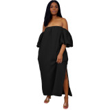 Solid Off Shoulder Puff Sleeve Casual  Long Dress