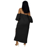 Black Off Shoulder Puff Sleeve Casual  Long Dress