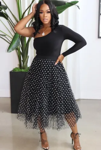 Black One Shoulder Top and Black Dotted Skirt Set