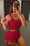 Red RibbedCrop Tank and Ruched Shorts Two Piece Set