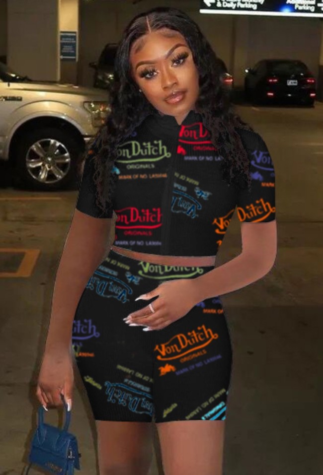 Print Black Bodycon Crop Top and Shorts Two Piece Outfits