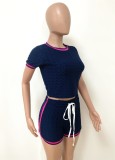 Black Textured Fitted Top and Shorts Two Piece Matching Set