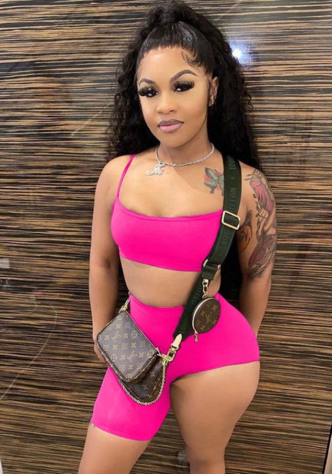 Hot Pink Sexy Cami Crop Top and Irregular Shorts Two Piece Outfits