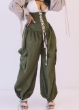 Green High Waist Lace-Up Casual Pants