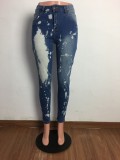 Blue Distressed Fitted High Waist Jeans