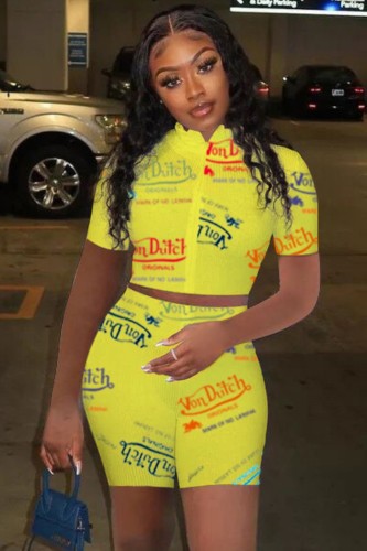 Print Yellow Bodycon Crop Top and Shorts Two Piece Outfits