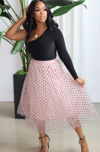 Black One Shoulder Top and Pink Dotted Skirt Set