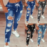Gray Trendy Ripped Tight Elastic Waist Jeans