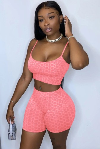 Pink Textured Cami Crop Top and Shorts 2PCS Outfits