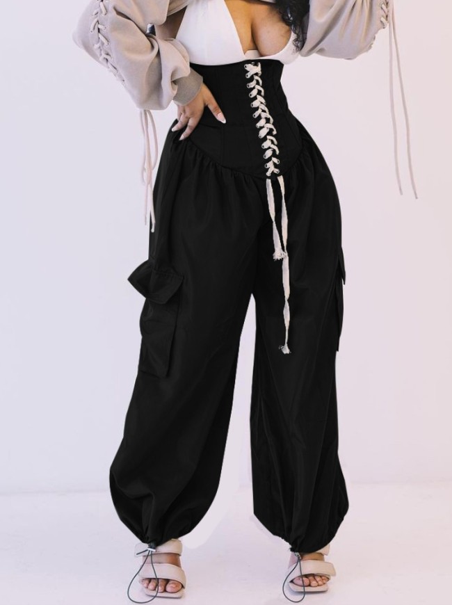 Black High Waist Lace-Up Casual Pants
