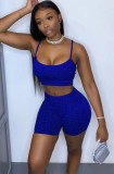 Blue Textured Cami Crop Top and Shorts 2PCS Outfits
