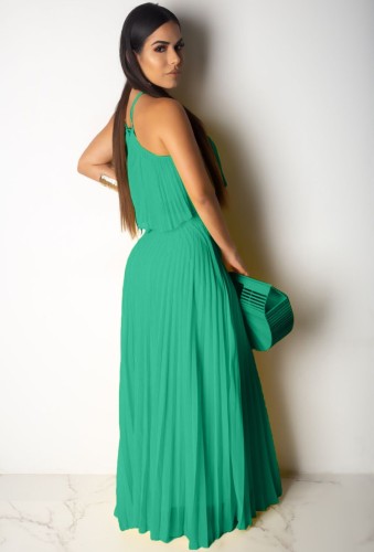 Green Pleated Halter Crop Top and Long Skirt 2PCS Set