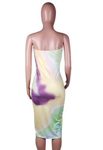 Tie Dye Green Sexy Strapless Bodycon Dress