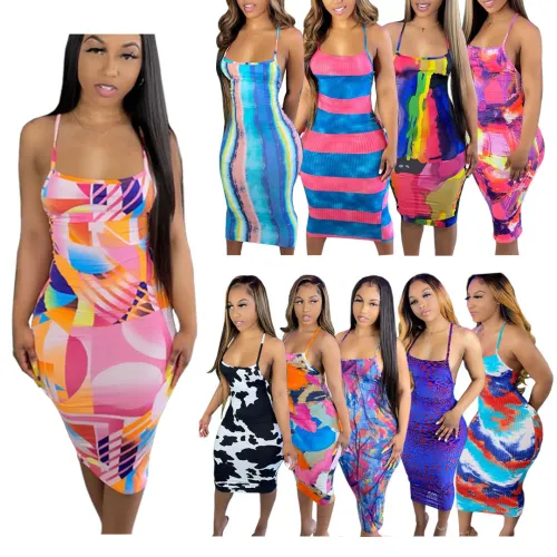 Print Pink Sexy Cross Back Cami Bodycon Dress