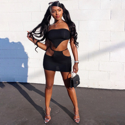 Black Irregular Strapless Crop Top and Matching Mini Skirt Set