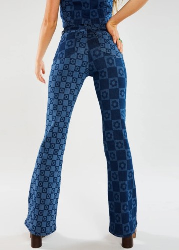 All Over Print Blue High Waist Flare Jeans